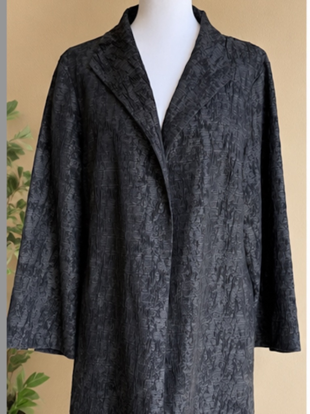 Eileen Fisher Textured Jacquard Open Front Topper Jacket Coat Black